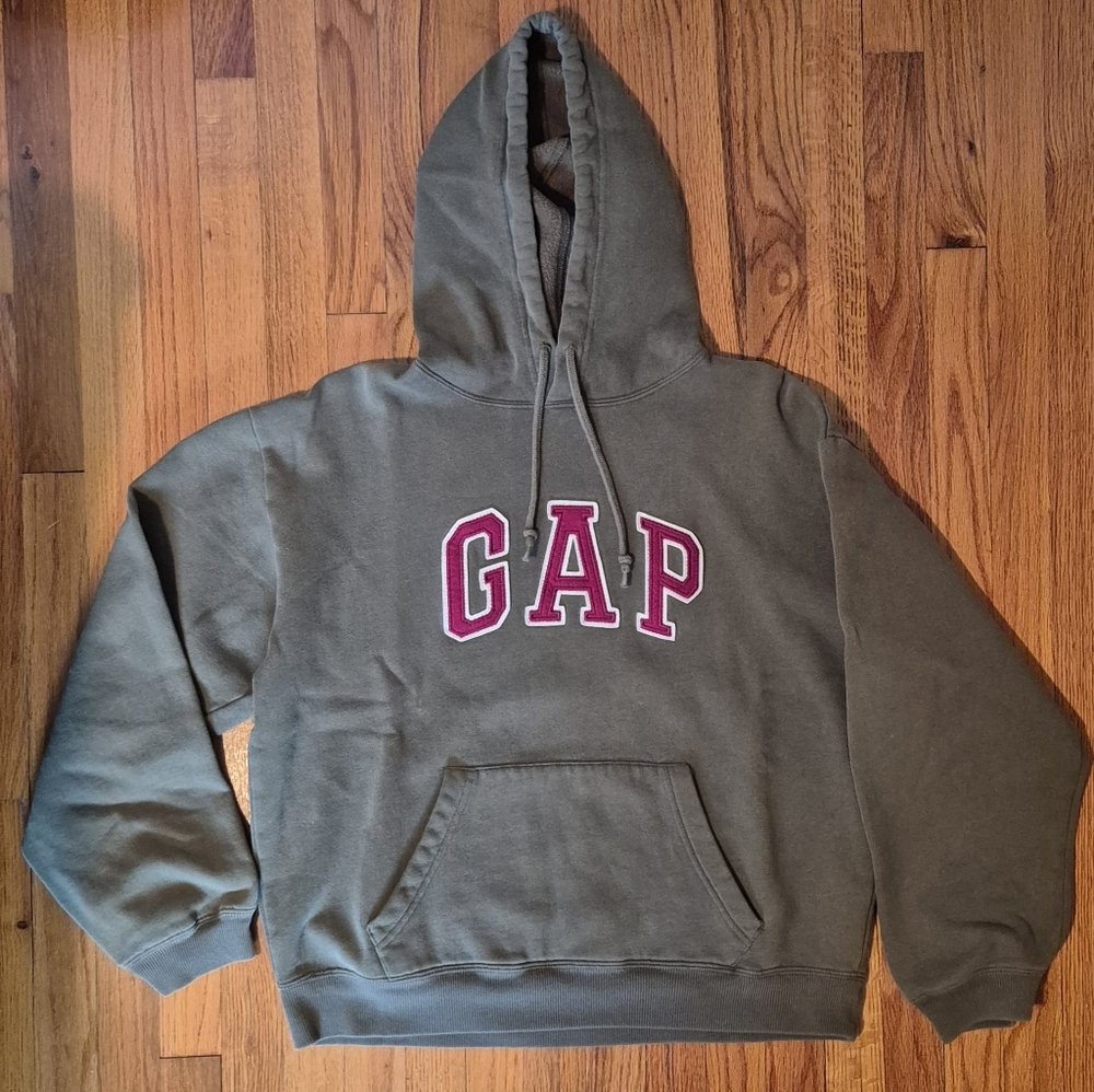 VTG GAP Pullover Hoodie Sweatshirt 90s Arch Logo Spellout Olive Green Sz S